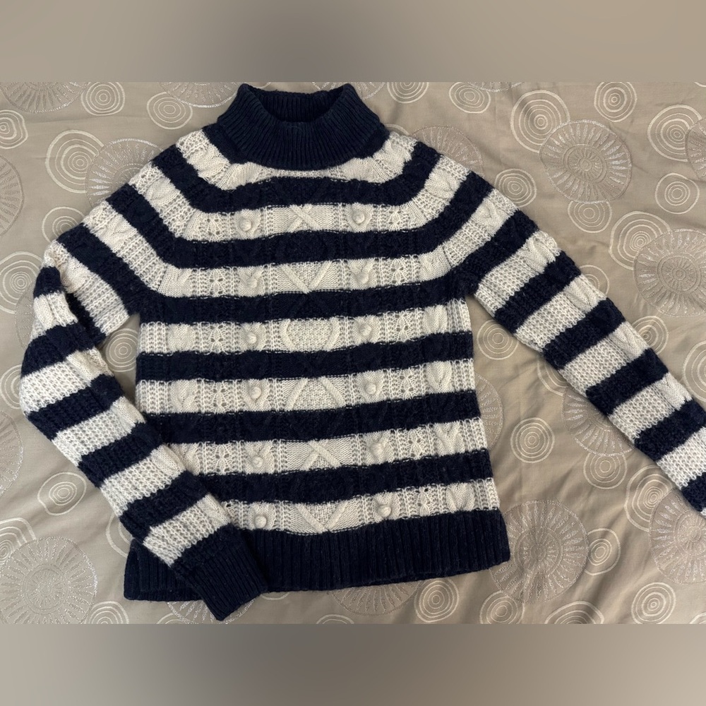 J Crew Sweater Womens Blue White Striped Lambs Wool Blend Cable